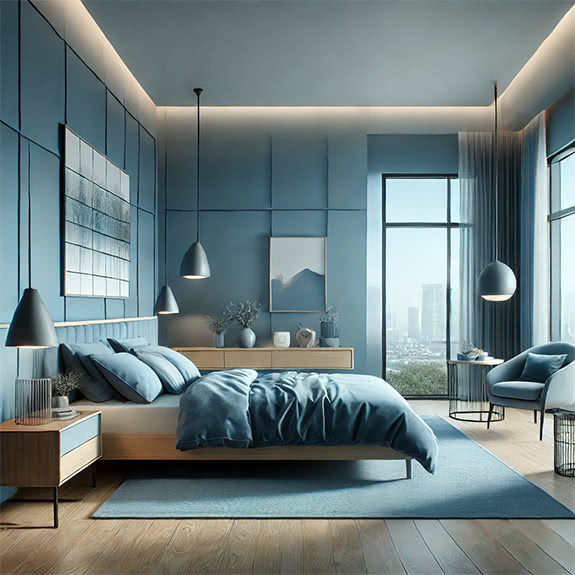 Blau dekoriertes Schlafzimmer
