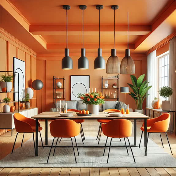 Orange dekoriertes Esszimmer