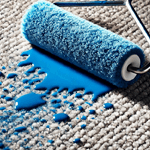 Foto einer Farbrolle mit blauer Farber, die Flecken auf einem Teppich gemacht hat.