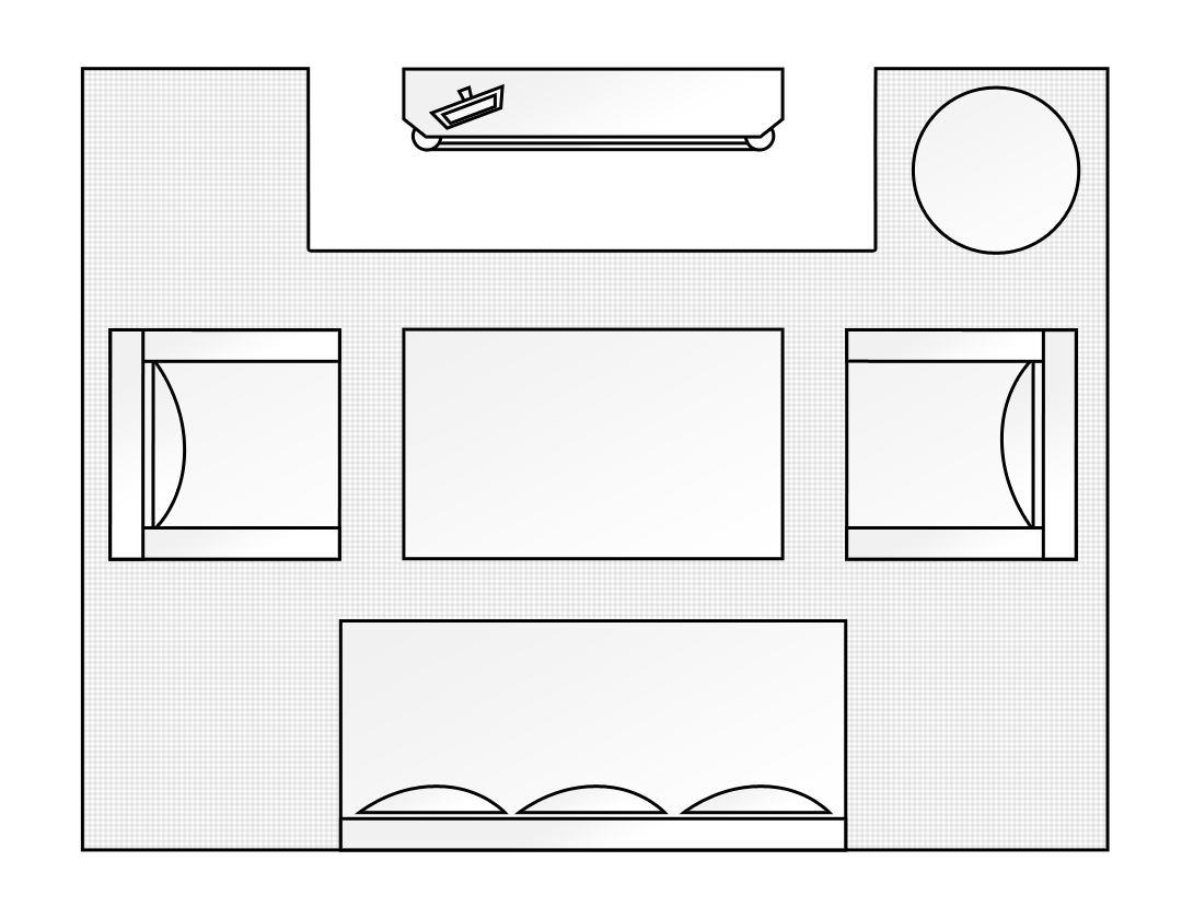 Zeichnung: Wohzimmer mit Kamin und Sitzgruppe. Der Teppich darunter ist eine Sonderanfertigung mit Ausschnitt für den Kamin.
