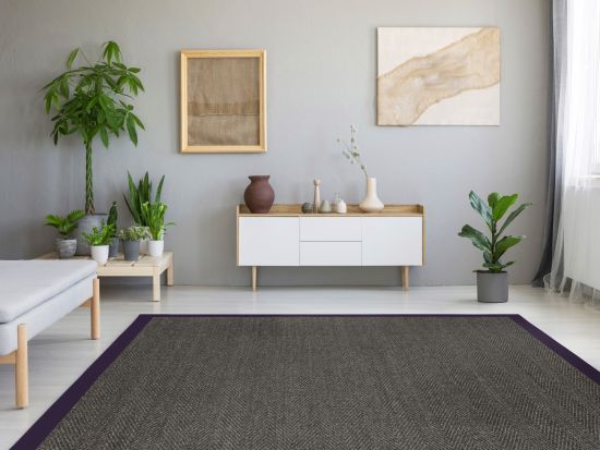 Sisal Teppich Fischgrat grau Baumwollbordre aubergine