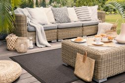 Outdoor Teppich Taffino Tweed graubraun Bordüre schlamm